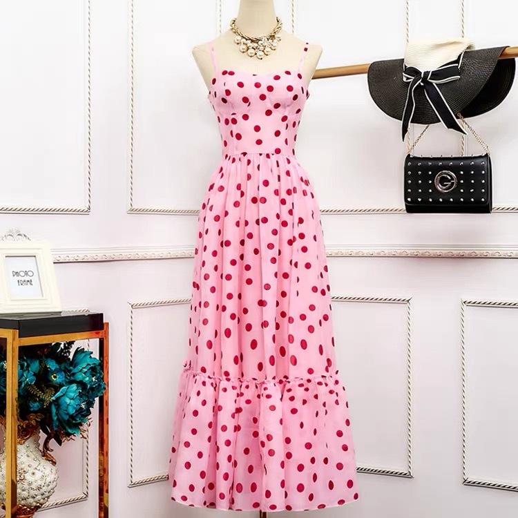 pink polka dot summer mesh maxi dress for women sweet cute spaghetti strap long camisole dresses vestidos female chic 210421