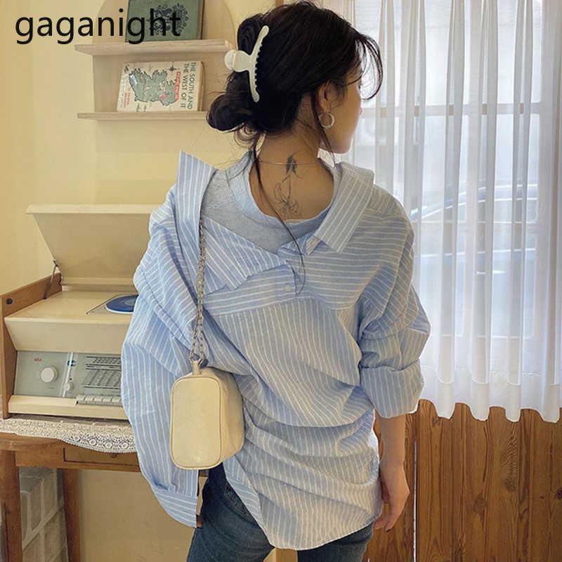 Spring Solid Blue Striped Shirt Casual Women Button Irregular Lace Up Long Sleeve Blouse Tops Female Lapel Blusas 210601