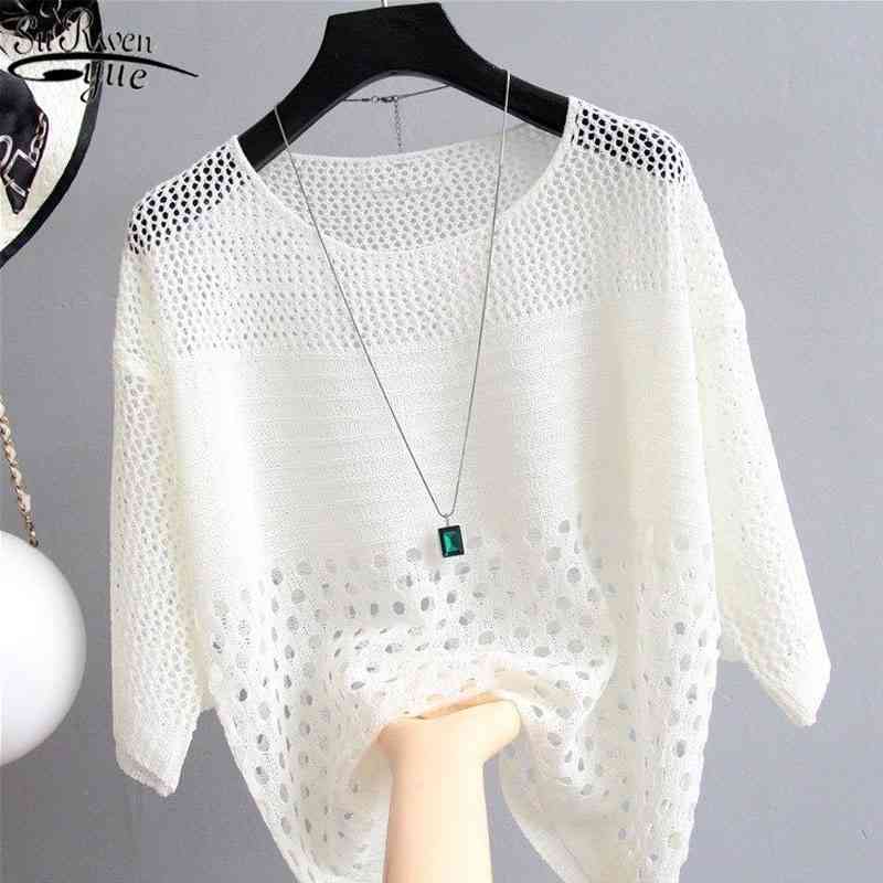 Hollow Out Shirt Summer Thin Mid-sleeve Knitted Women Blouse Bottom Loose Air-conditioning Sunprotection 13895 210427