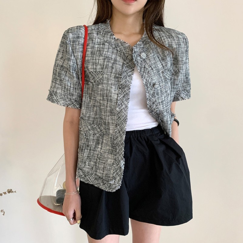 Summer Elegant Tweed Jacket Womens Vinatge Short Sleeve Korean Fashion Single-Breasted Casual Top Female 210519