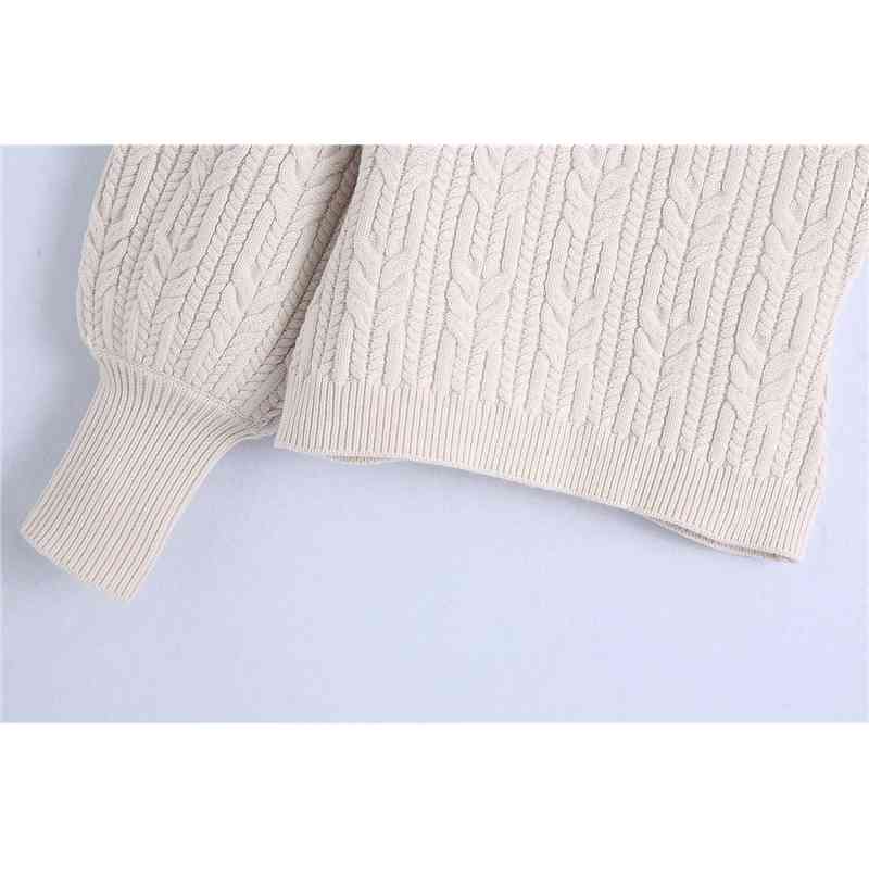 Elegant Women Slash Neck Sweaters Fashion Ladies White Twist Knitted Tops Streetwear Female Chic Puff Sleeve Pullovers 210430