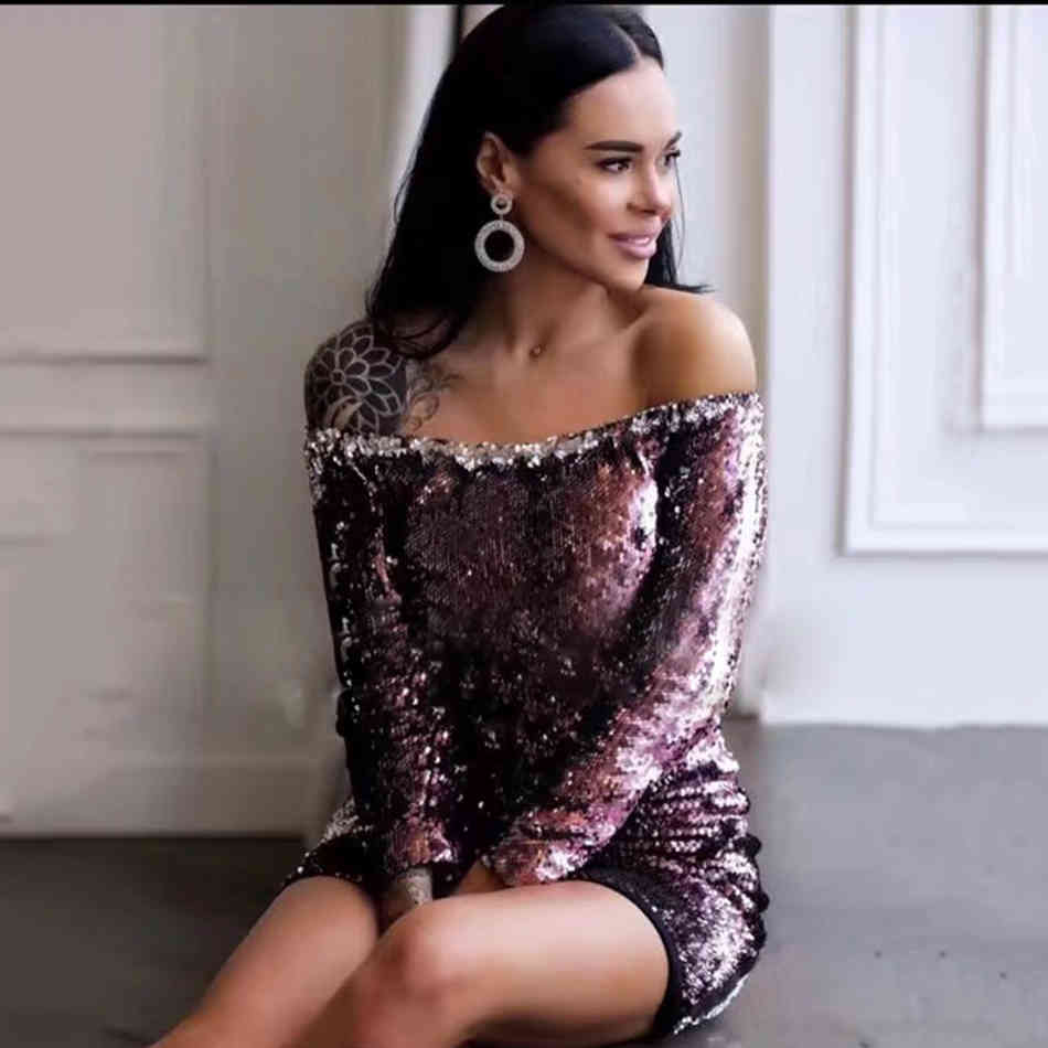 Autumn Sequins Mini Dress Strapless Ladies Halter Long Sleeve Sexy Nightclub Clothing Fashion Bodycon Back Zip 210524