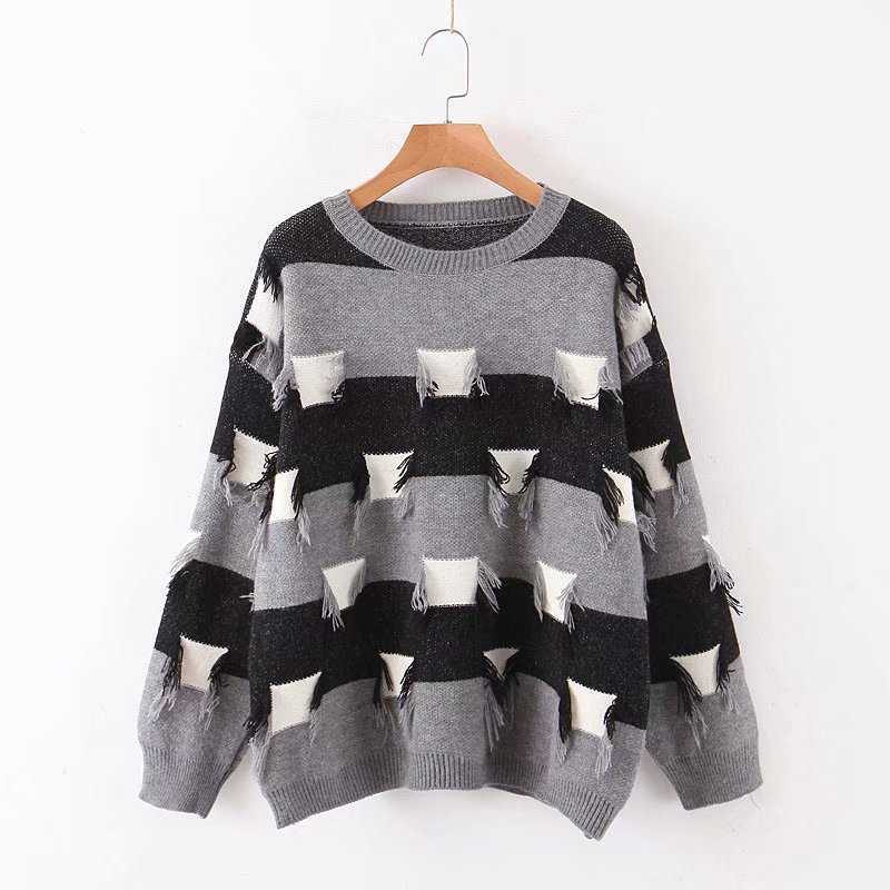 H.SA Women Pullover and Sweaters Oneck Long Sleeve Loose Knitwear Broken Hole Korean Knit Jumpers Pink Pull Sweater Casual Tops 210716