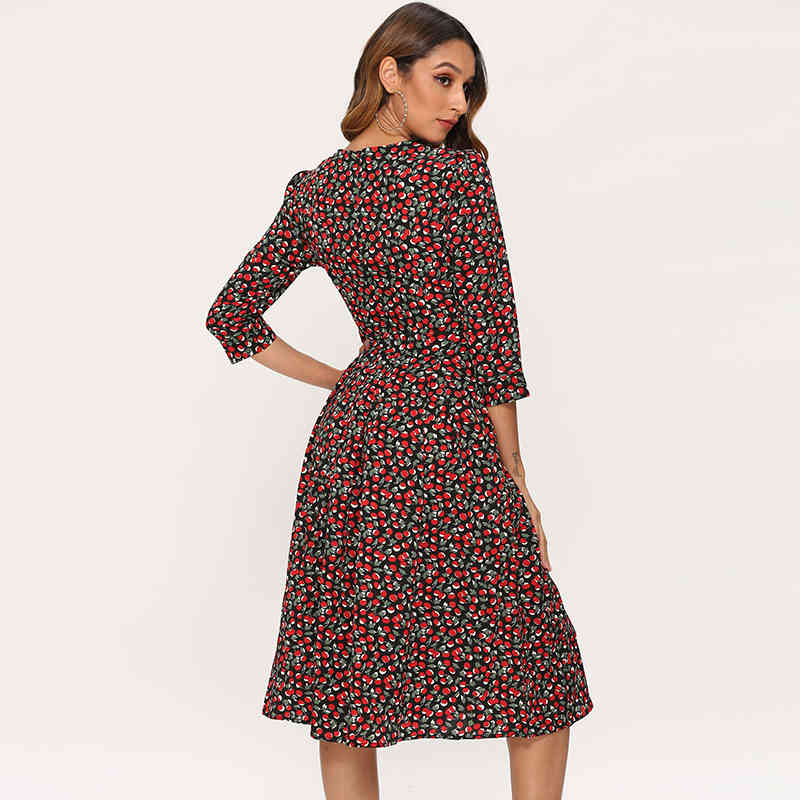 Women A Line Elegant Dress Floral Print Midi Three Quarter Sleeve O-neck Party Ladeis es Vestidos 210508