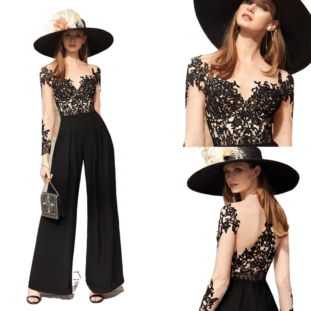 Elegant Black Evening Dress Women Jumpsuits Prom Wear Lace Appliques Crew Neck Long Illusion Sleeves Formal Occasion Bridal Party Dresses Runway Recep