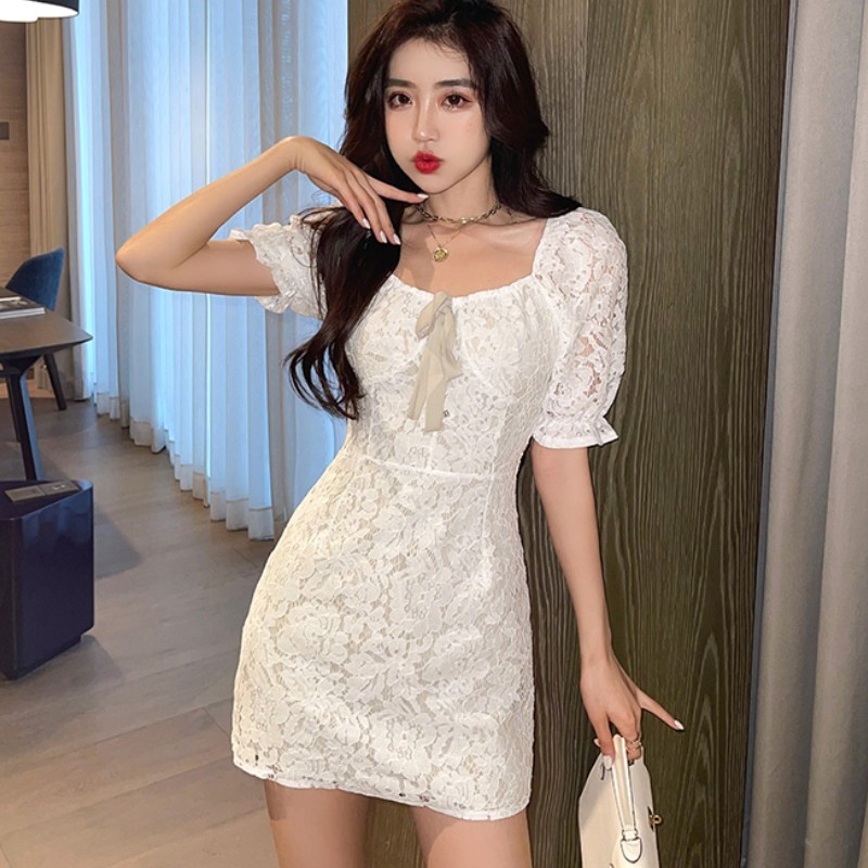 Women Elegant Lace Hollow out Short Dress Summer Sexy Female Square Collar Slim Waist Party Club Bodycon Dresses 210519