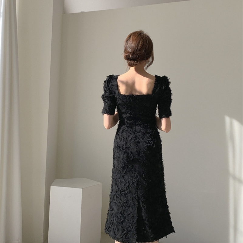 Korea Style Chic Dress Women Square Collar Tassel Short Sleeve Fashion Vintage Vestidos De Fiesta 210520