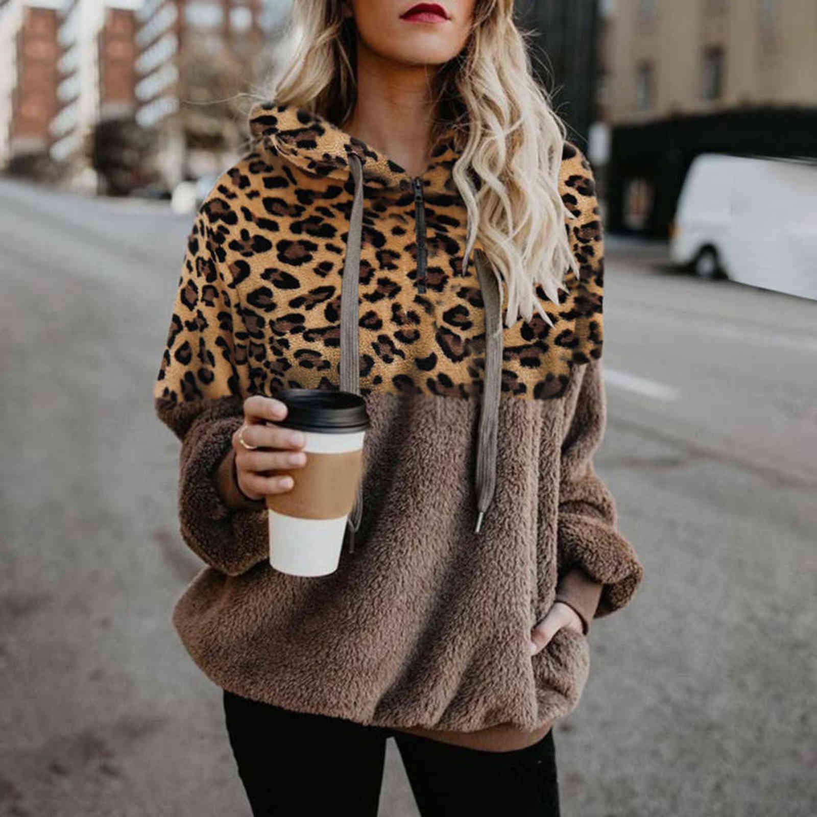 Casual Loose Plush Leopard Patchwork Hoodies Women Zipper Tops Long Sleeve Drawstring Hooded Warm Sweatshirt With Pockets Autumn 211109