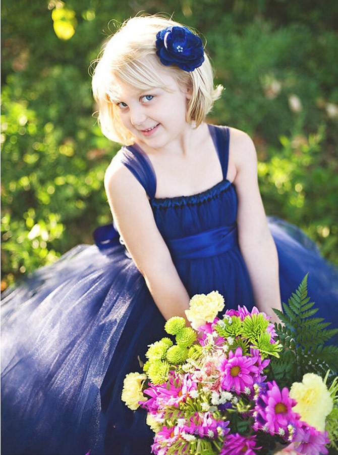 2021 Blue Beautiful Lace Flower Girls Dresses For Wedding Tulle Spaghetti Ankle Length A Line Communion Dress