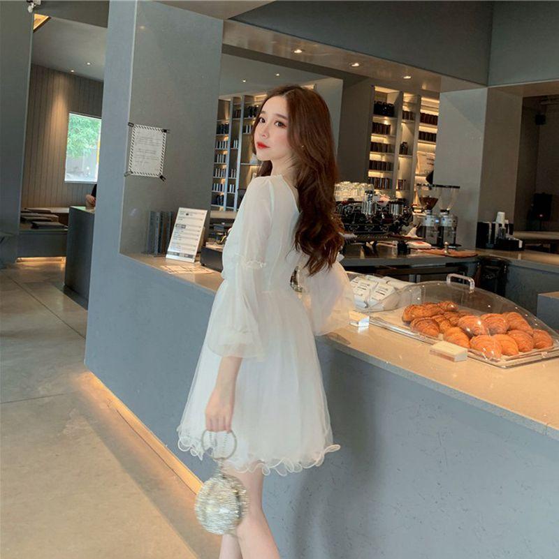 Sannian French Personality Dress Summer Retro Mesh V-neck Lace Clothes China Long Pleated Dresses Preppy Style Casual
