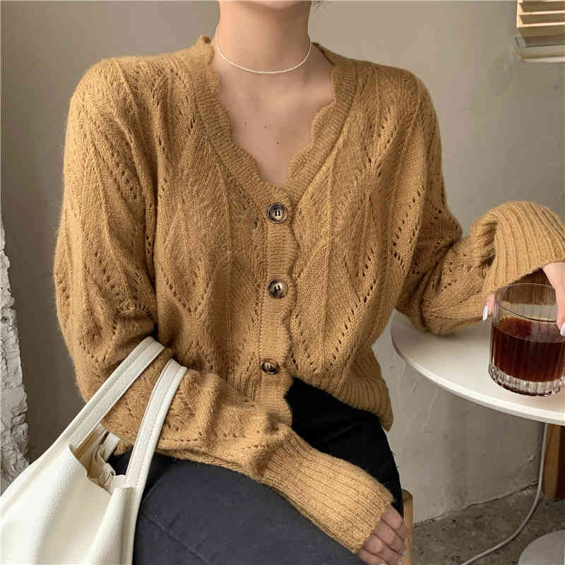 2 colors autumn korean style V neck hollow out thin knittd cardigans womens sweaters womens (R99388) 210423