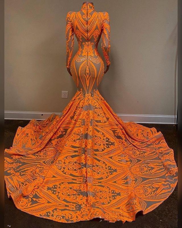 Orange Mermaid Prom Dresses Long Sleeves Deep V Neck Sexy Sequined applique African Black Girls Fishtail Evening Wear Dress Plus Size