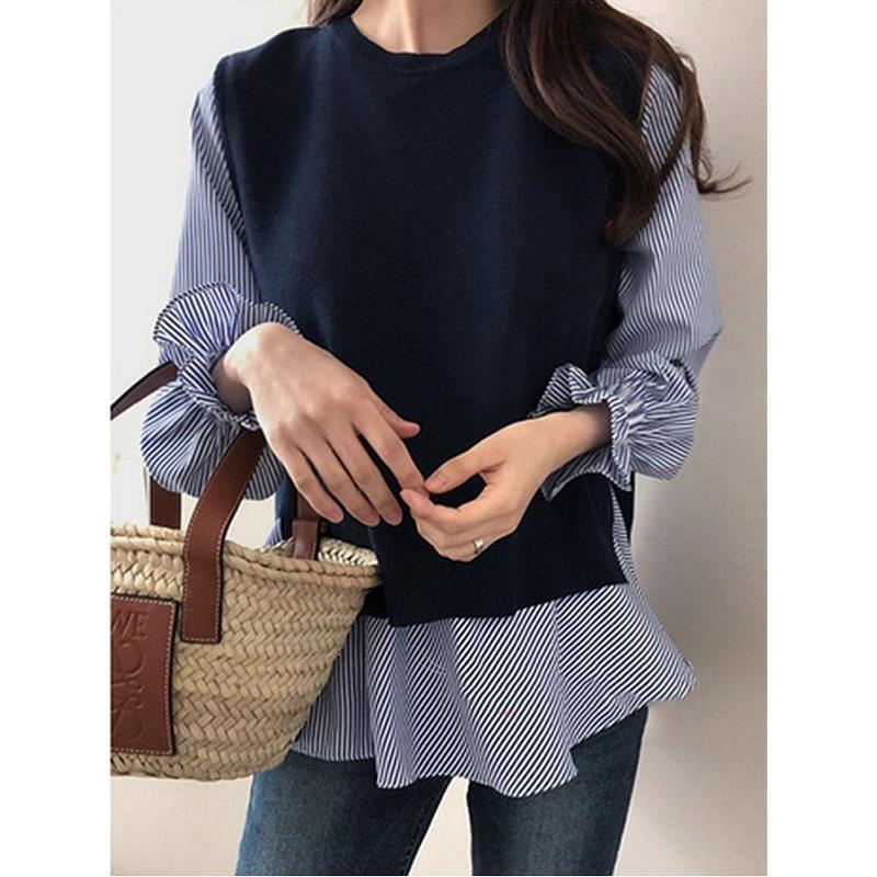 Nomikuma Women Blouse Sweet Knitted Vest Set Flare Long Sleeve Casual Blusas Shirt + Back Split Causal Sweater Vests Suits 6D780 210427
