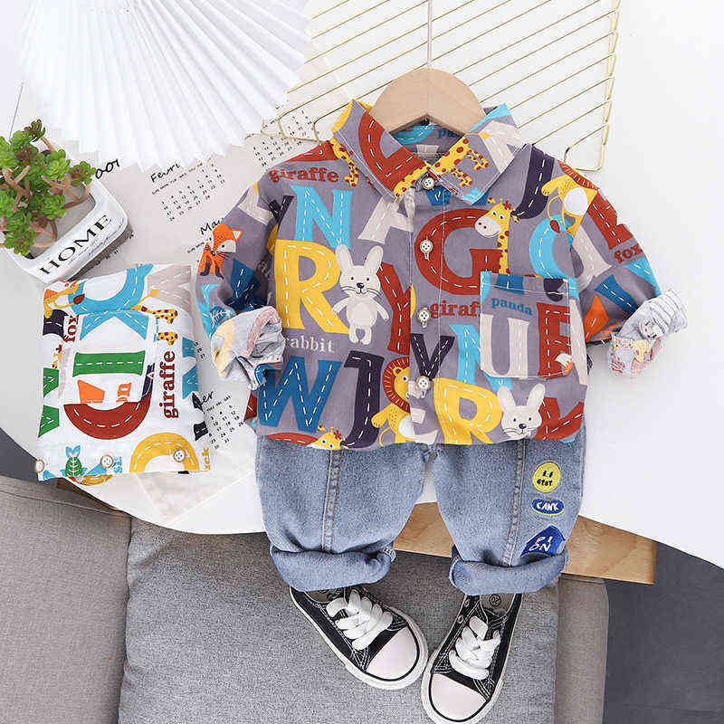 Baby Boys Girls Clothes Set Kids Infant Fashion Handsome Outfits New Spring Autumn Toddler Full Print Letter Cartoon Shirt+Jeans Y220310