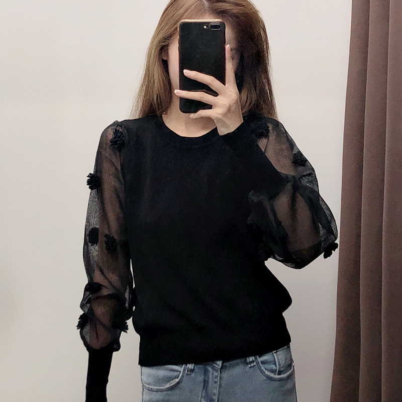 Personality Women Black Sweater Patchwork Transparent Sleeve Autumn Fashion O-Neck Knit Tops Modern Lady Pullover 210602
Personality Women Black Sweater Patchwork Transparent Sleeve Autumn Fashion O-Neck Knit Tops Modern Lady Pullover 210602