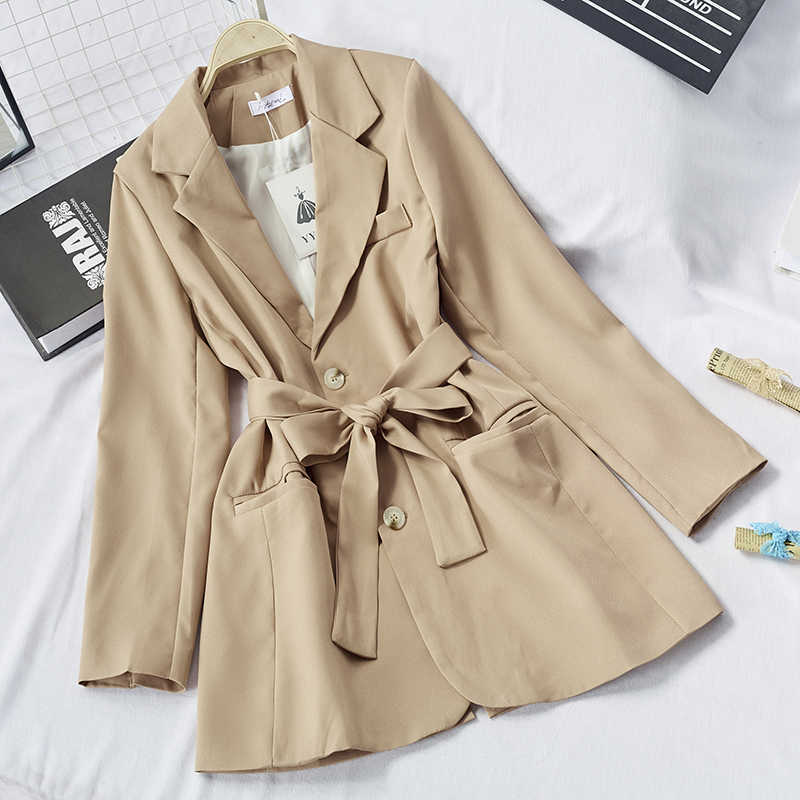 LY VAREY LIN Autumn Winter Women Suit Jackets Tailored Collar Sashes Tie Up Pockets Single Breasted Blue Slim Outerwear 210526