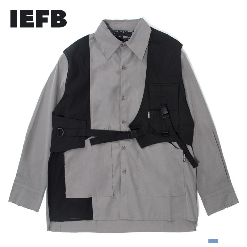 IEFB Handsome Grey Bottomed Shirt Workwear Spring Men's Wear Patched Shirt Mans Fashion Loose Tops Causal Cloth 9Y5500 210524