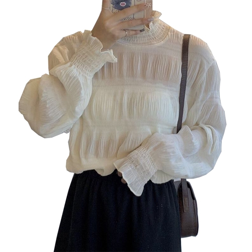 Women Chiffon Shirts Autumn Winter Half Turtleneck Long Sleeve Korean Pleated Bottoming Blouses Ladies Loose Thin Tops Plus Size 210522