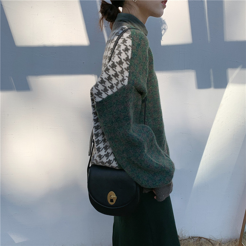 OL Knitted Sweater Women Cardigans Soft Thick Houndstooth Sweaters Jacket Long Sleeve Single-breasted Jumper Coat 210421