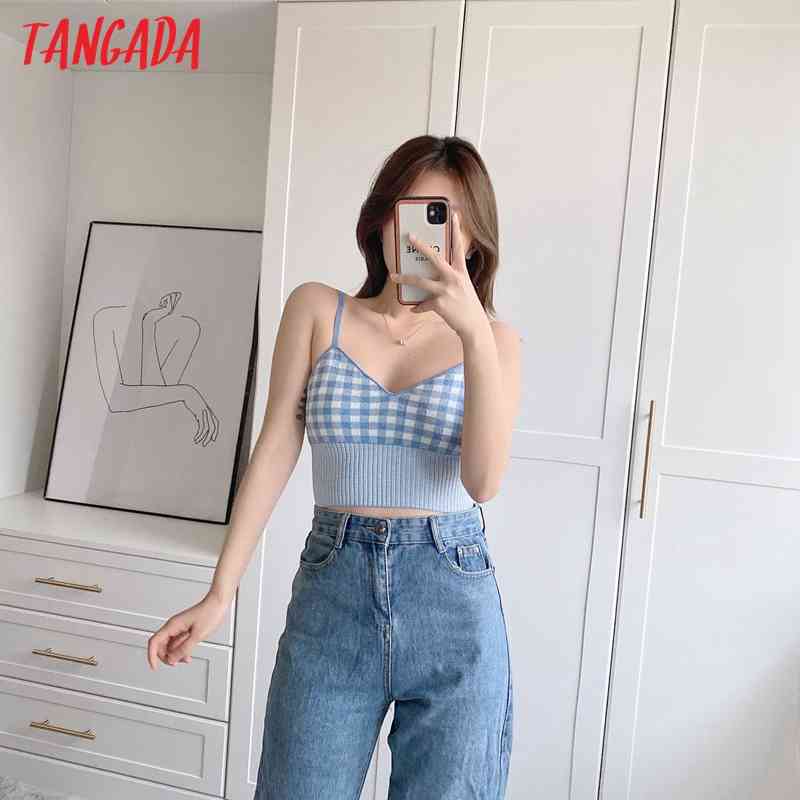 Women Blue Plaid Knitted Tank Top Sleeveless Backless Female Knit Tops 3N29 210416