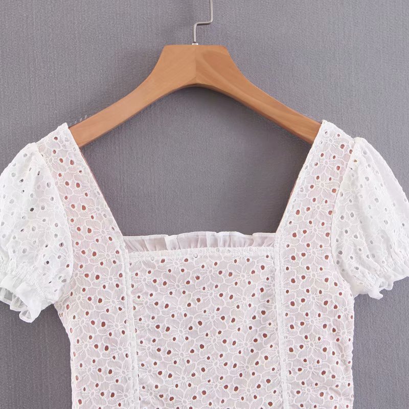 Sweet Girls Puff Sleeve Smock Fashion Female Ruffles Embroidery Hollow Out Square Collar Short Tops Casual Ladies Blusas 210520