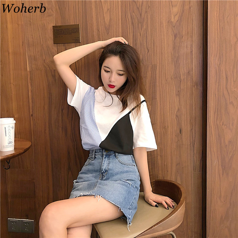 Summer T Shirt Women Striped Patchwork Contrast Tee Tops O-Neck Tshirts Korean Kawaii Short Sleeve Rops Femme 210519