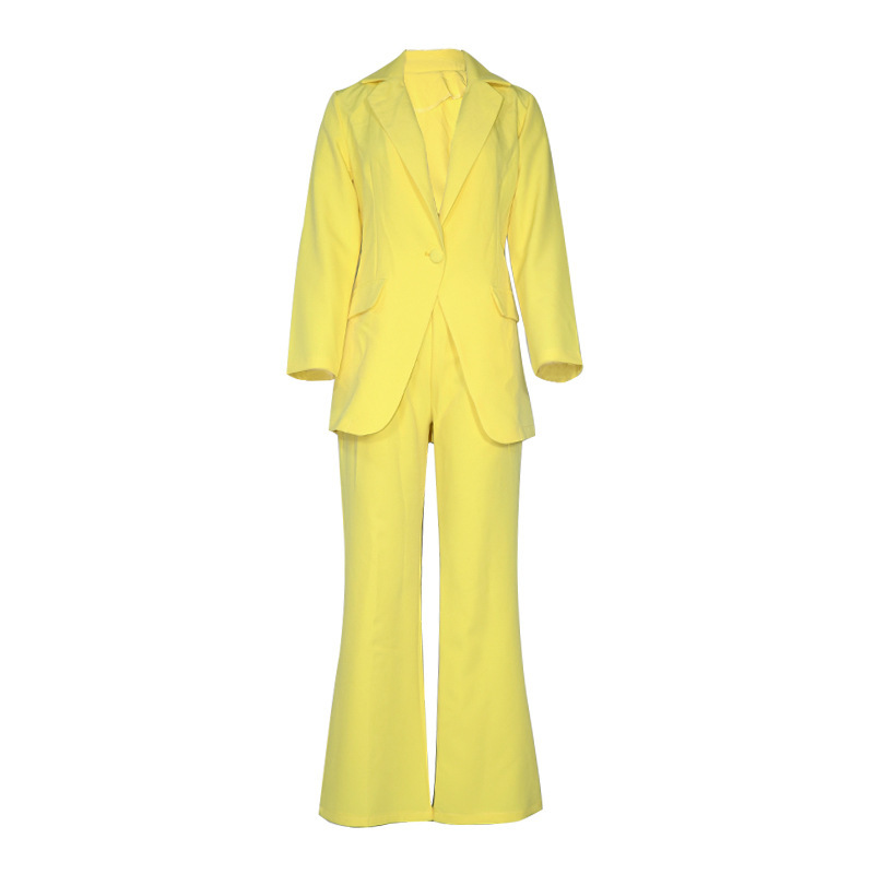Women Set Blazer Pants Pink Yellow Vintage Casual Suit Coats High Waist Wide Leg Plus Size s 210524