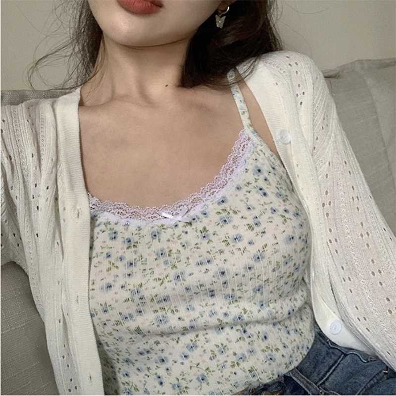 Floral Crop Top Women Summer Camisole Lace Trim Slim Tops Prairie Chic Sweet Lolita Style Outfits 210625