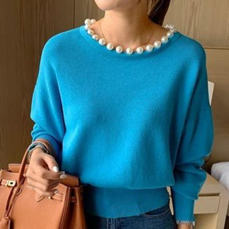 Nomikuma Spring New Women Pullover Sweater Korean Beads O-neck Long Sleeve Knitted Tops Solid Slim Causal Pull Femme 6E992 210427