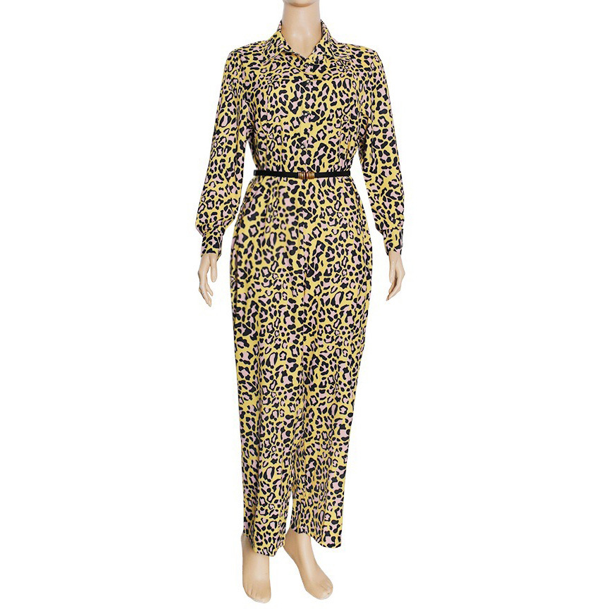 African Leopard Jumpsuits Long Sleeve Turn Down Collar High Wait Elegant Work Business Office Rompers With Belt 210510
