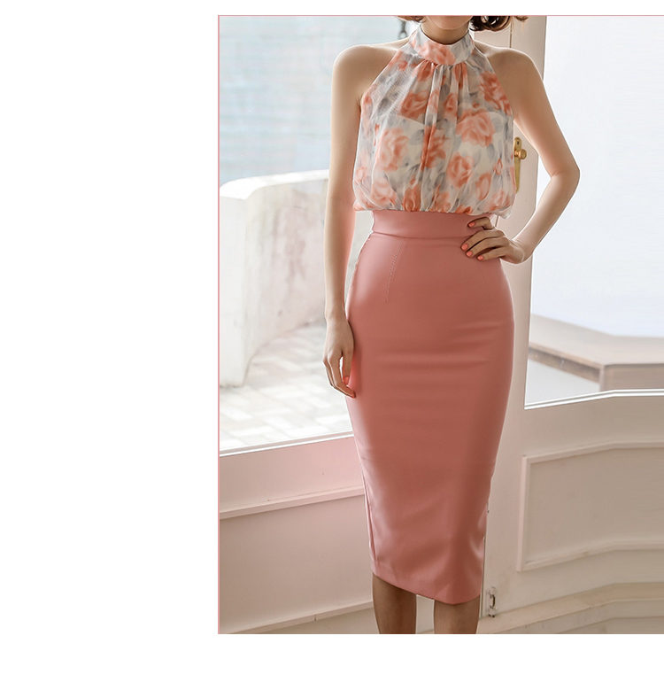 Business 2 Piece Sets Sexy Print Chiffon Halter Sleeveless Shirt and Pink Bodycon Skirt Suits For Women Summer Female 210519