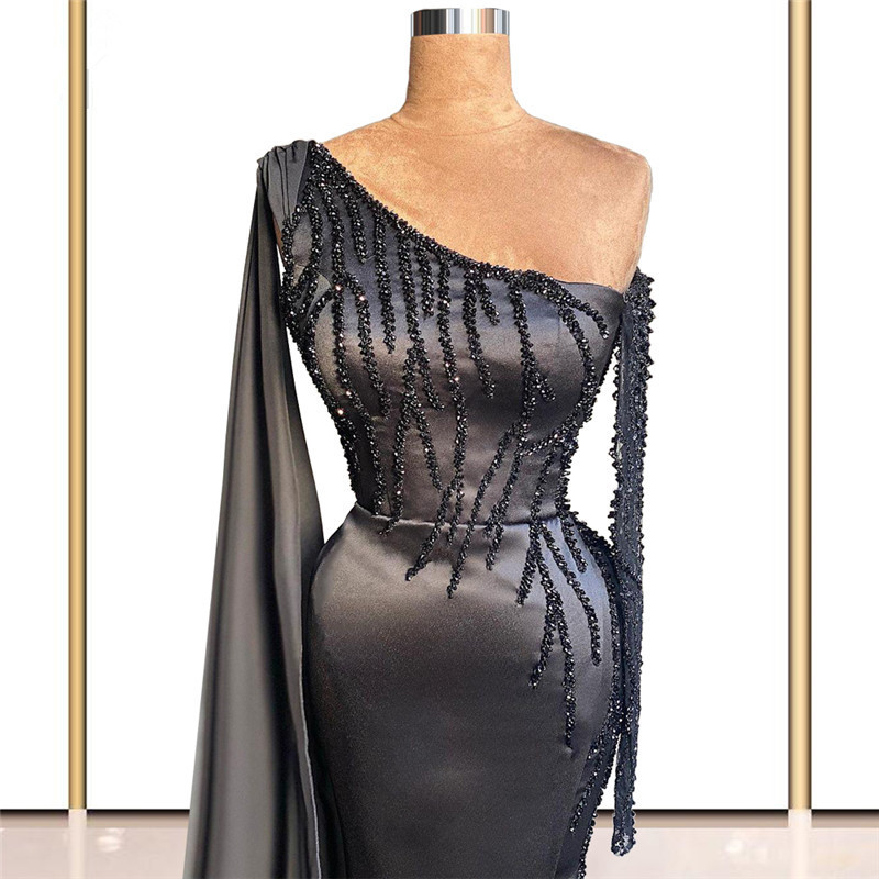 Black Beaded Evening Dresses Formal Long Prom Dress Mermaid Dubai Crystals Plus Size Custom Made Satin Party Gowns Robes