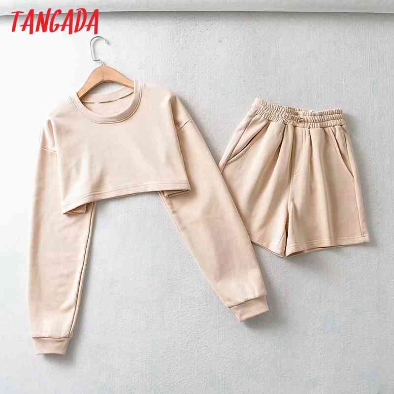 Women Tracksuit Cotton Suit 2 Pieces Sets Crop Hoodies Sweatshirt and Shorts Suits 2T6 210416