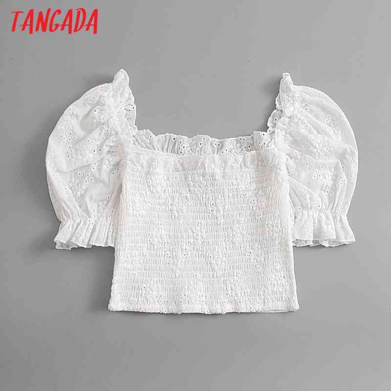 Women Retro Flowers Embroidery Crop Short Sleeve Summer Chic Female Sexy Slim Shirt Tops 8M10 210416