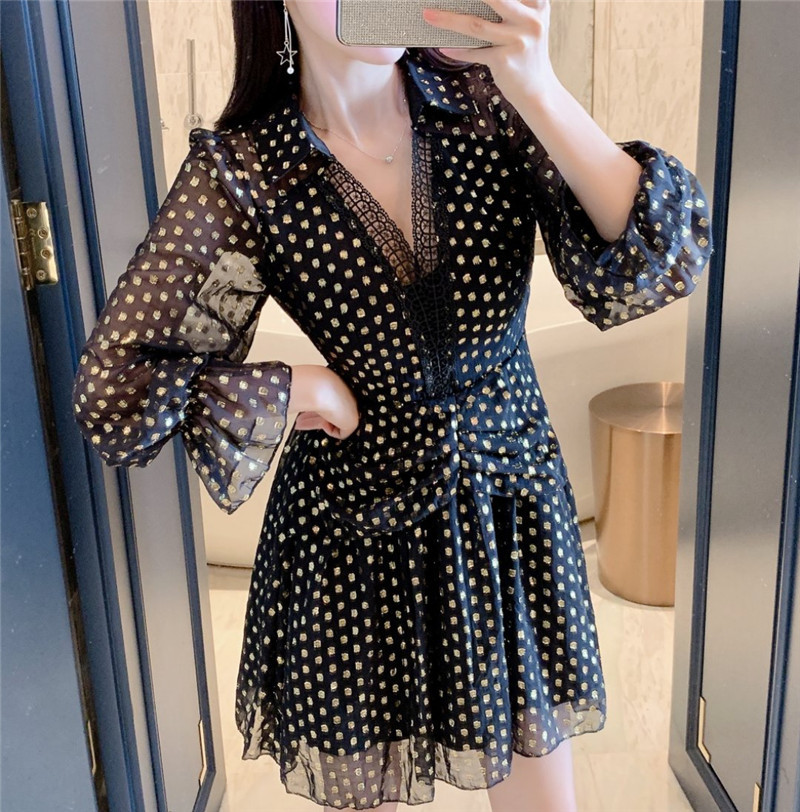 Women Fashion Polka Dot Sleeveless V-neck Print Dress One-piece Dresses dot stitching elegant Ruffle dress 210506