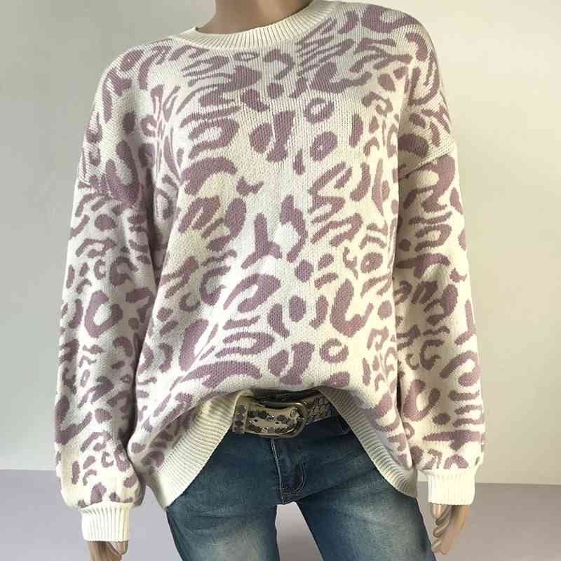 Qooth Leopard Sweater Women Pullover Knitted Sweaters Winter Fashion Long Sleeve Casual Loose Jumpers QH1941 210609