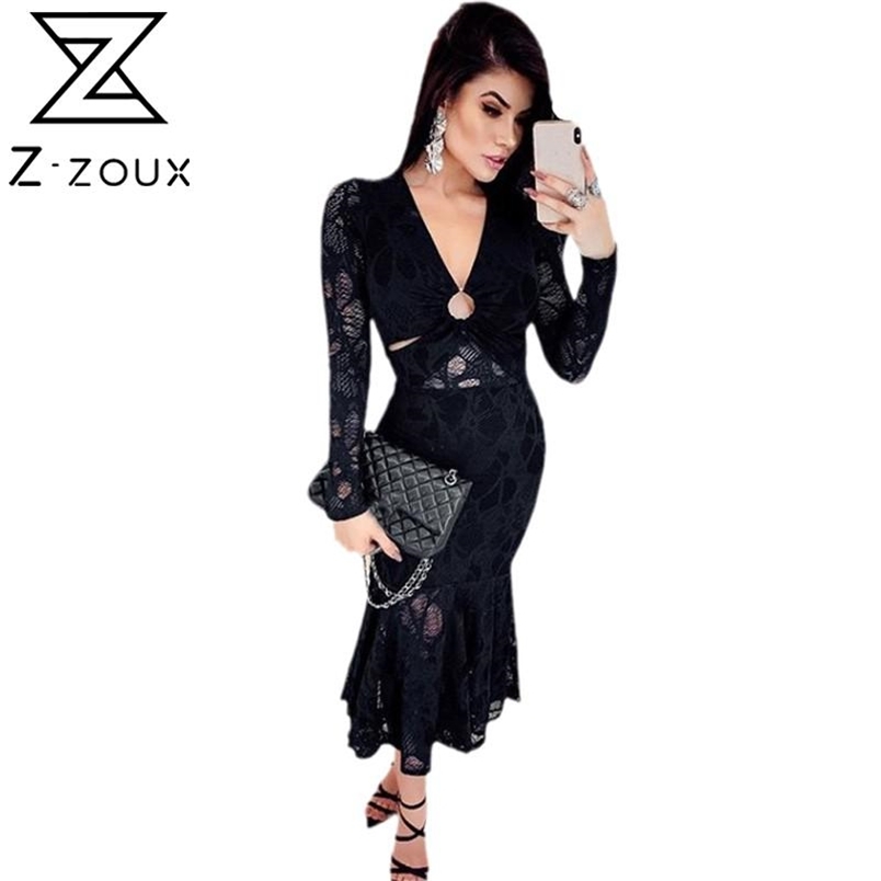 Women Dress V Neck Hollow Out Black Lace es Perspective Sexy Mermaid High Waist Long Summer es 210513