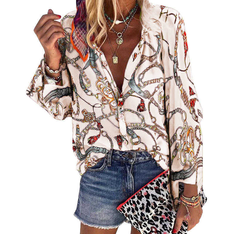 Women's Blouses Plus Size Women Blouse V-neck Long Sleeve Chains Print Loose casual Shirts Womens Tops And Blouses
