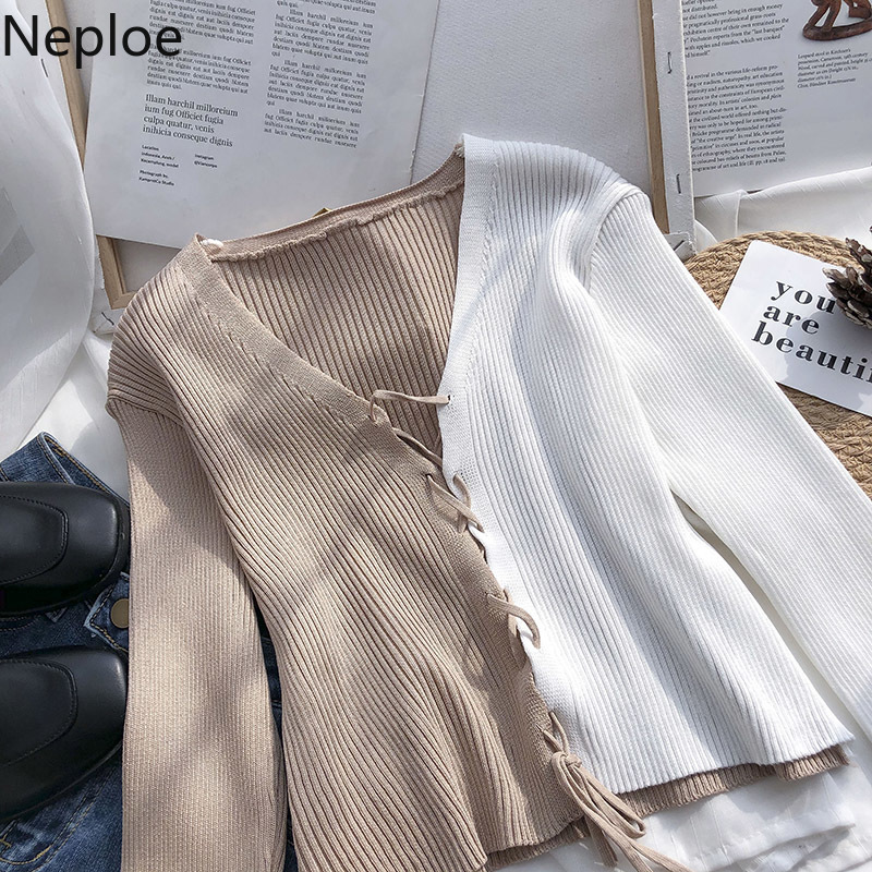 Neploe Korean V-neck Cardigan Tops Short Knitted Sweaters Women Thin Cardigan Fashion Patchwork Bandage Crop Top Ropa Mujer 210422