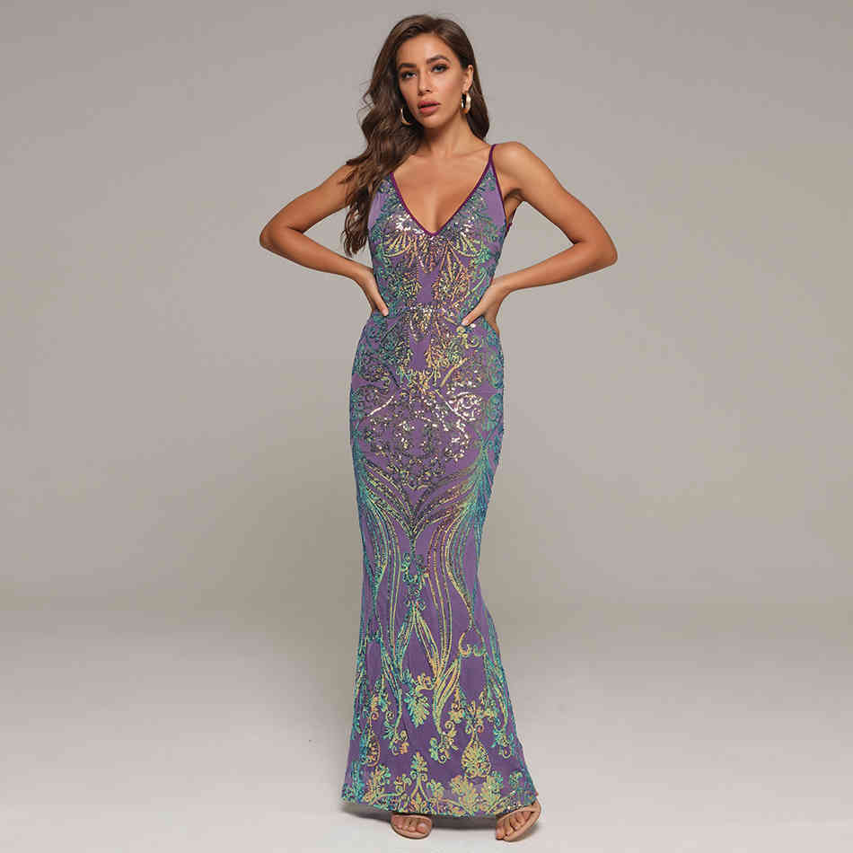 Summer Women Sequins V Neck Spaghetti Strap Sleeveless Dress Sexy Backless Club Evening Runway Party Maxi Dresses 210423