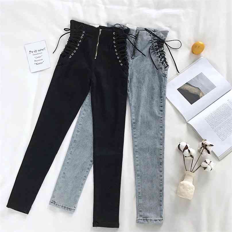 Jeans Female Denim Pants Lace up on side Womens plus siz 5XL Stretch High waist Feminino Skinny For Women Trousers 210922