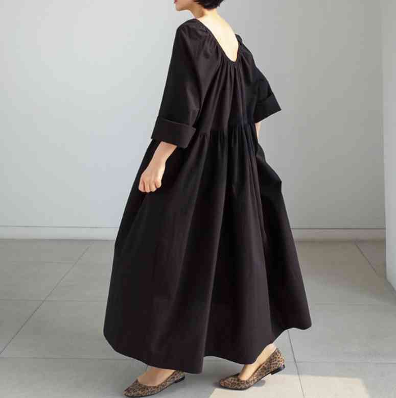 Casual Long Sleeve Black Summer Vintage Loose High Waist Slim Was Thin Elegant Splice Irregular Pleating Maxi Dress 991E 210420