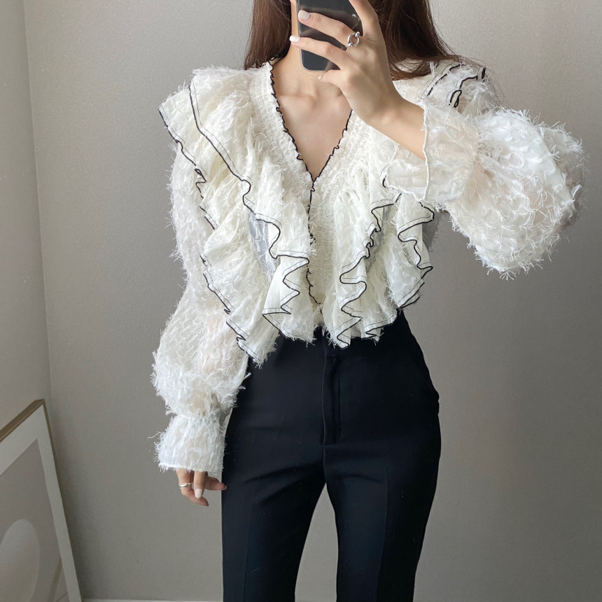 Comelsexy Sweet Gentle V-Neck Tassel Ruffles All Match Blouses Korean Chic Vintage Streetwear Office Lady Shirts 210515