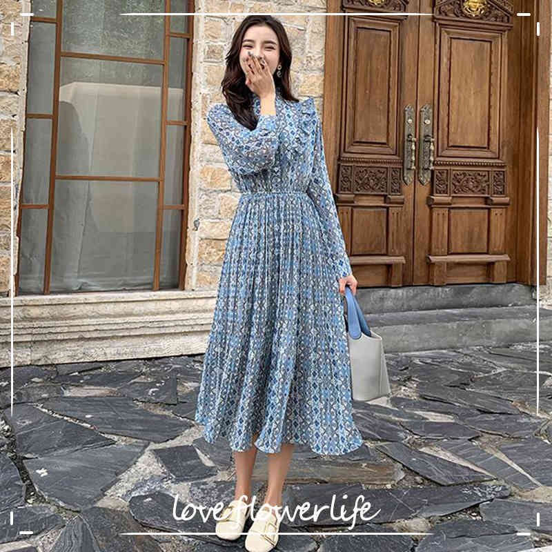 Spring Summer Women Sweet Pleated Dress Elastic Waist Long Sleeve Floral Print Chiffon Dress Fashion Casual Mid-calf Dresses 210521, Flowers 3
Spring Summer Women Sweet Pleated Dress Elastic Waist Long Sleeve Floral Print Chiffon Dress Fashion Casual Mid-calf Dresses 210521, Flowers 3