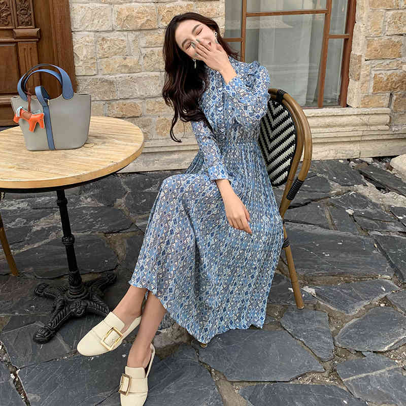 Spring Elegant Stand Collar Ruffles Women Dress Long Sleeve Geometric Plaid Female Chiffon Pleated Vestidos 210520