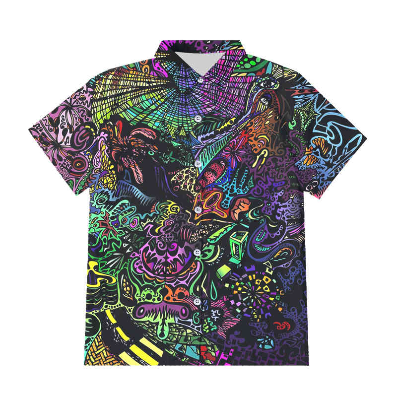 OGKB 3D Funny Psychedelic Print Button Shirts Hipster Casual Abstract Hoody Anime Graffiti Short Sleeve Shirt Streetwear 210410