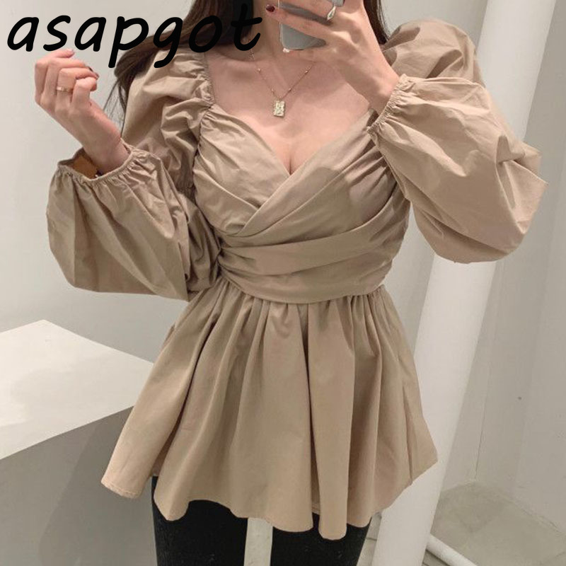 Dresses Chic Korean Spring Deep V Neck Cross Slim Puff Long Sleeve White Pleated Dress Women Mini Vestido De Mujer Retro 210429