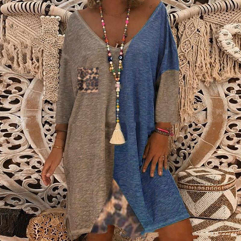 Casual Dresses Lugentolo Long Sleeve Dress Women Fashion Printed Leopard Print Stitching Irregular Pockets Loose Three-quarter