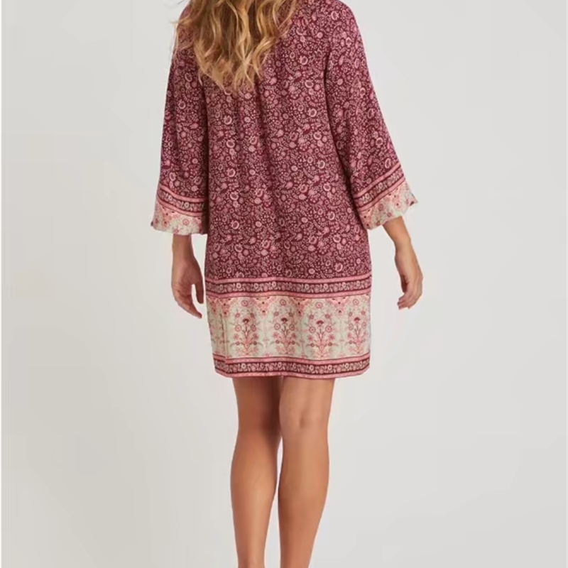 Bohemia Lacing up Bandage Wood Ear V Neck Floral Print Long Sleeve Dress Holiday Hippie Women Loose Straight Short Dresses 210429