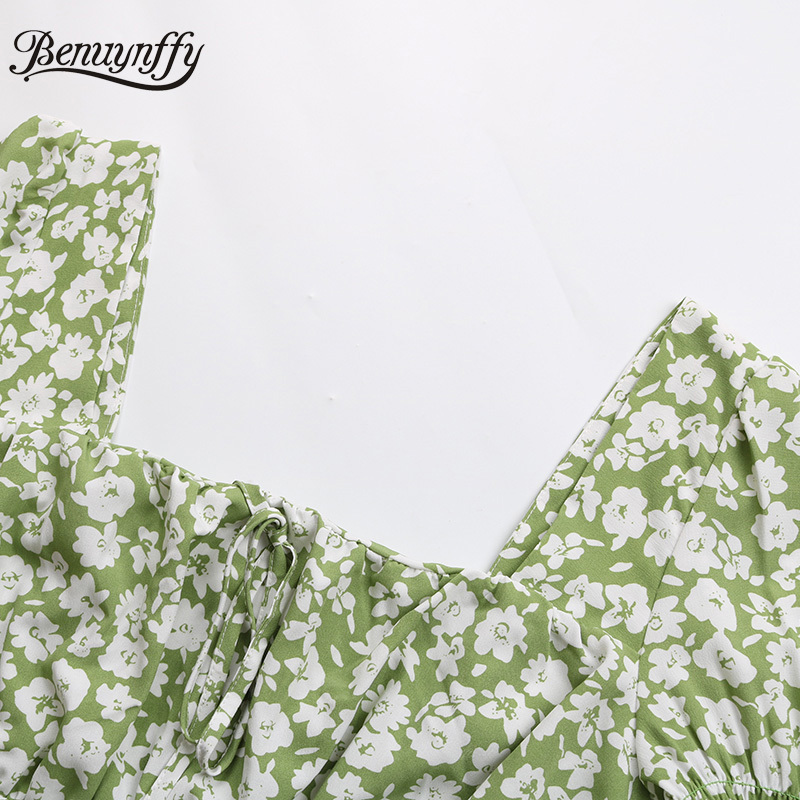 Square Collar Tie Front Print Summer Dresses Elegant French Style Women Short Sleeve Slim A-Line Mini Dress 210510